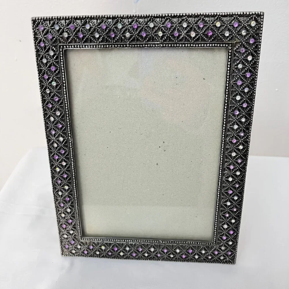 Vintage‎ Gun Metal Picture Frame With Purple & Clear Gem Accents For 4x6 Photos